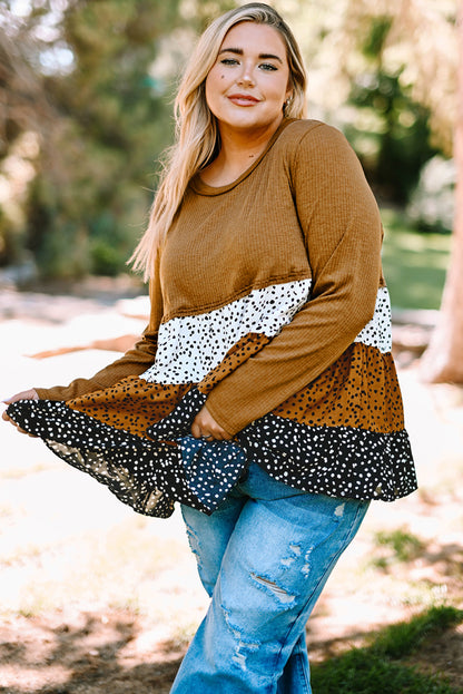 Plus Size Animal Print Color Block Ribbed Babydoll Top-Teresa&#39;s Fashionista LLC