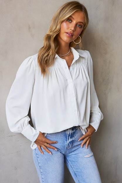 Gathered Detail Puff Sleeve Shirt-Teresa&#39;s Fashionista LLC