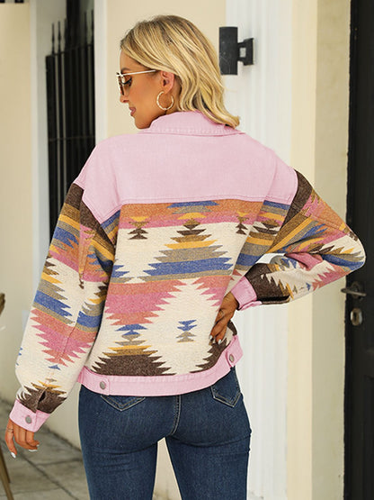 Printed Dropped Shoulder Long Sleeve Denim Jacket-Teresa&#39;s Fashionista LLC