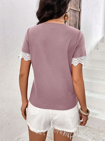 Decorative Button Spliced Lace Short Sleeve Top-Teresa&#39;s Fashionista LLC