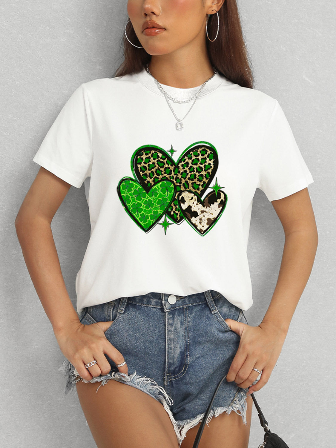 Heart Round Neck Short Sleeve T-Shirt-Teresa&#39;s Fashionista LLC