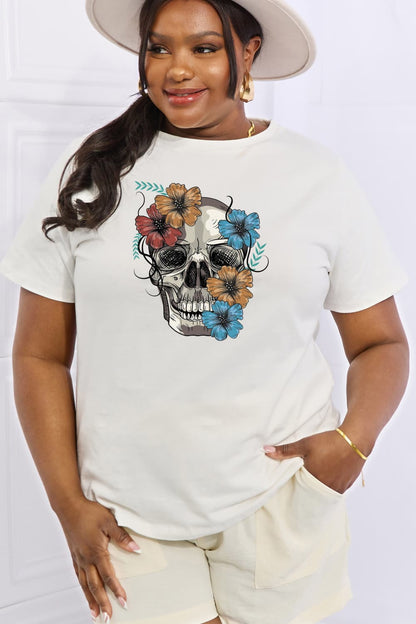 Simply Love Full Size Flower Skull Graphic Cotton Tee-Teresa&#39;s Fashionista LLC