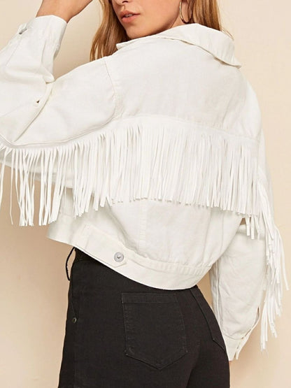 Fringe Detail Collared Neck Long Sleeve Denim Jacket-Teresa&#39;s Fashionista LLC