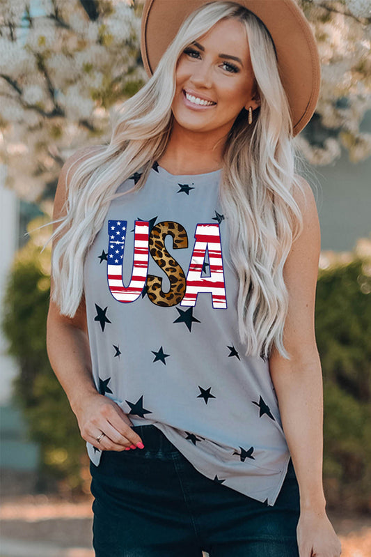 USA Star Print Tank with Slits-Teresa&#39;s Fashionista LLC