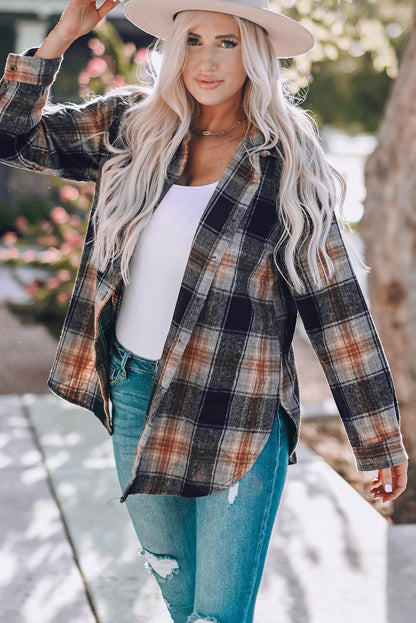 Plaid Side Slit Curved Hem Shirt-Teresa&#39;s Fashionista LLC