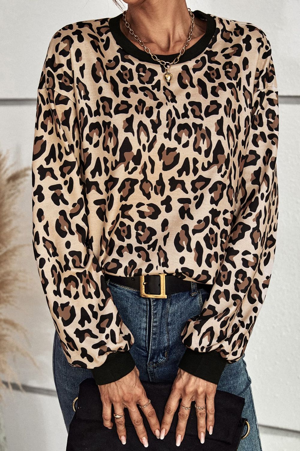 Leopard Round Neck Dropped Shoulder Sweatshirt-Teresa&#39;s Fashionista LLC