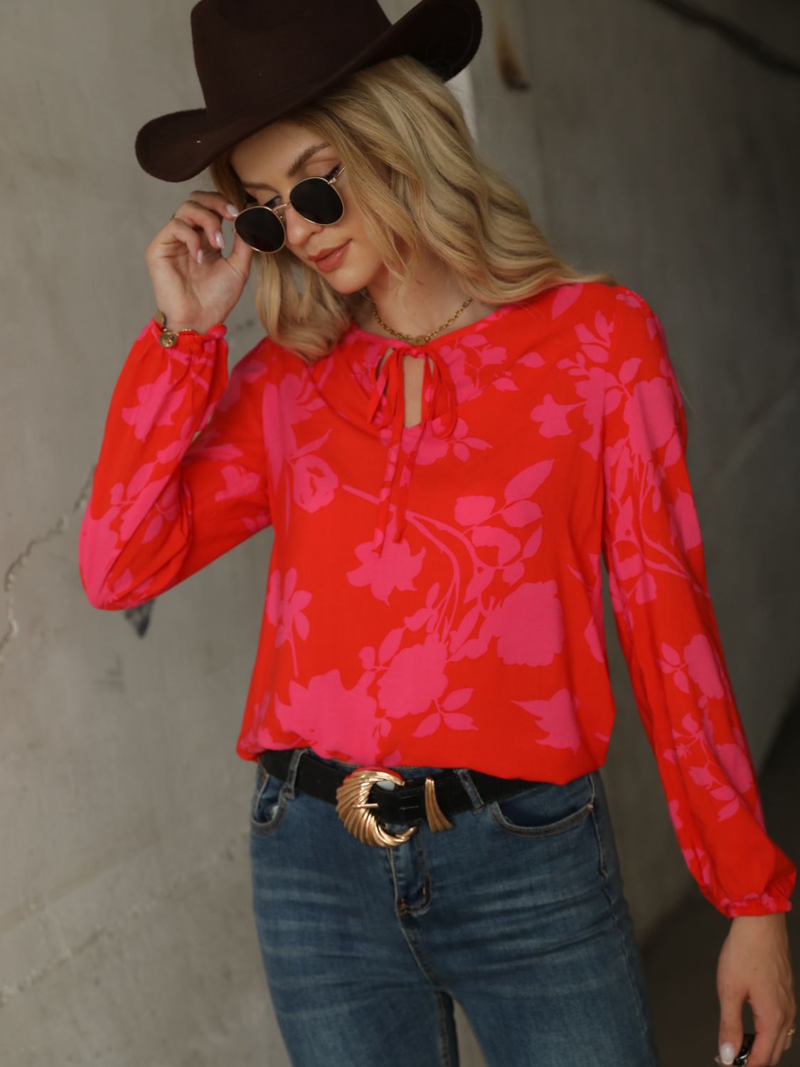 Printed Tie Neck Long Sleeve Blouse-Teresa&#39;s Fashionista LLC