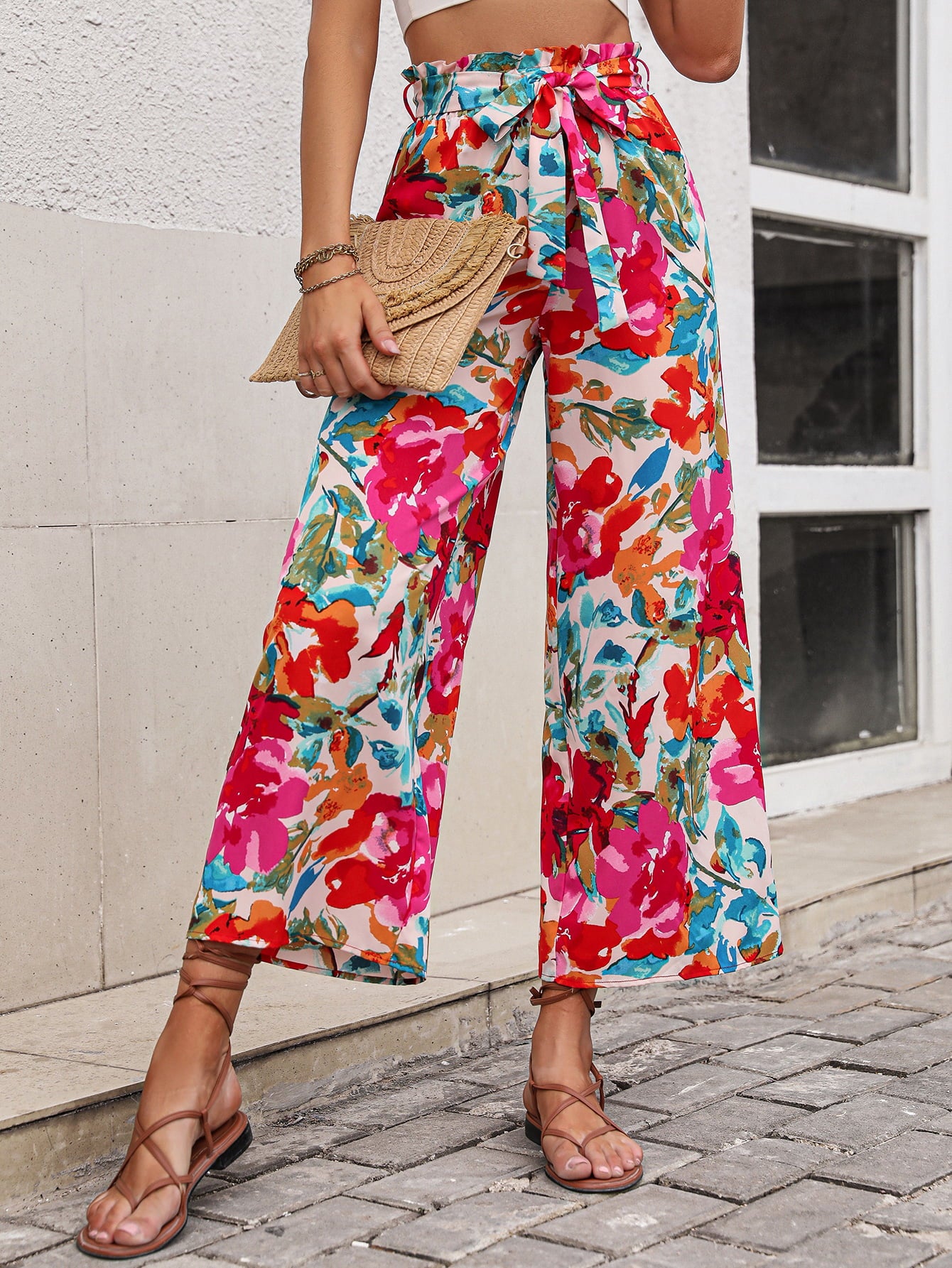 Floral Tie Belt Wide Leg Pants-Teresa&#39;s Fashionista LLC