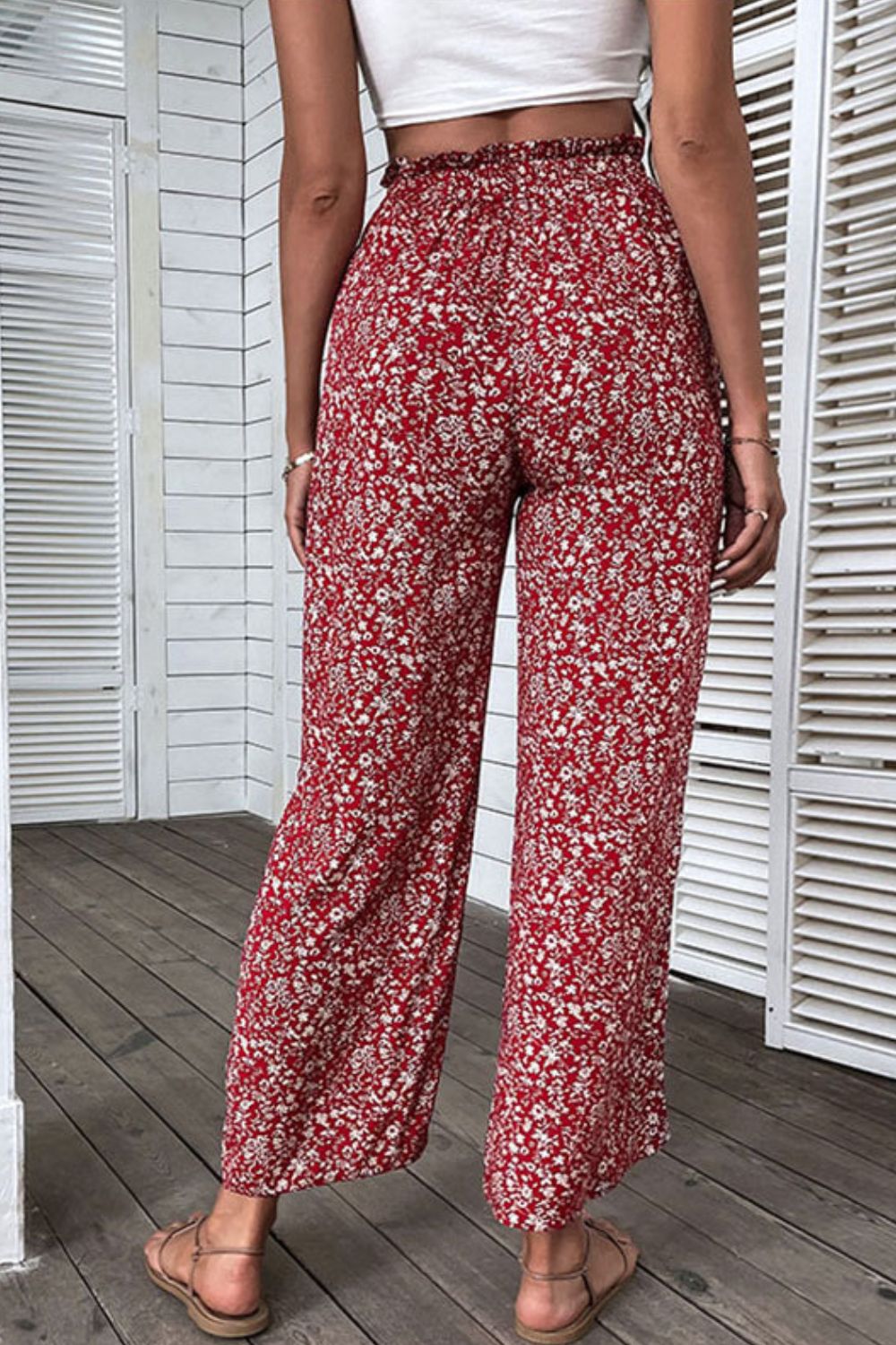 Ditsy Floral Slit Paperbag Waist Wide Leg Pants-Teresa&#39;s Fashionista LLC