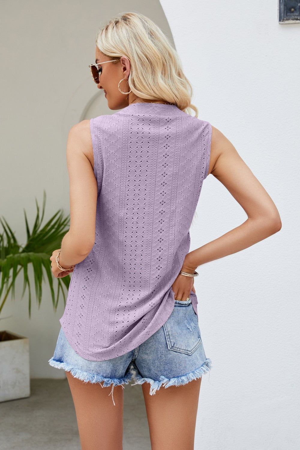 Notched Neck Curved Hem Eyelet Tank-Teresa&#39;s Fashionista LLC