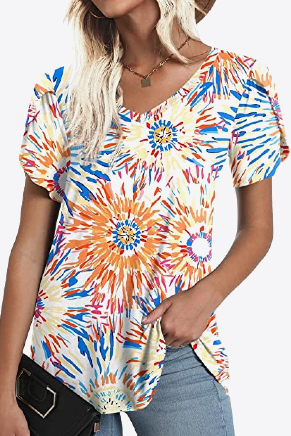 Printed Petal Sleeve V-Neck Blouse-Teresa&#39;s Fashionista LLC