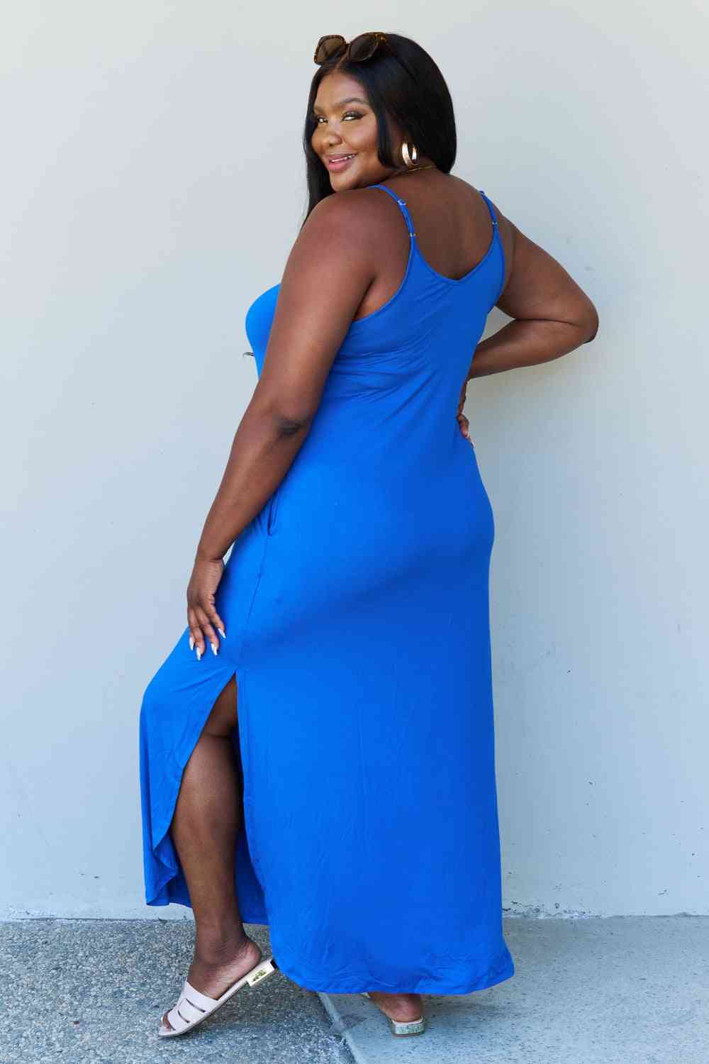 Ninexis Good Energy Full Size Cami Side Slit Maxi Dress in Royal Blue-Teresa&#39;s Fashionista LLC