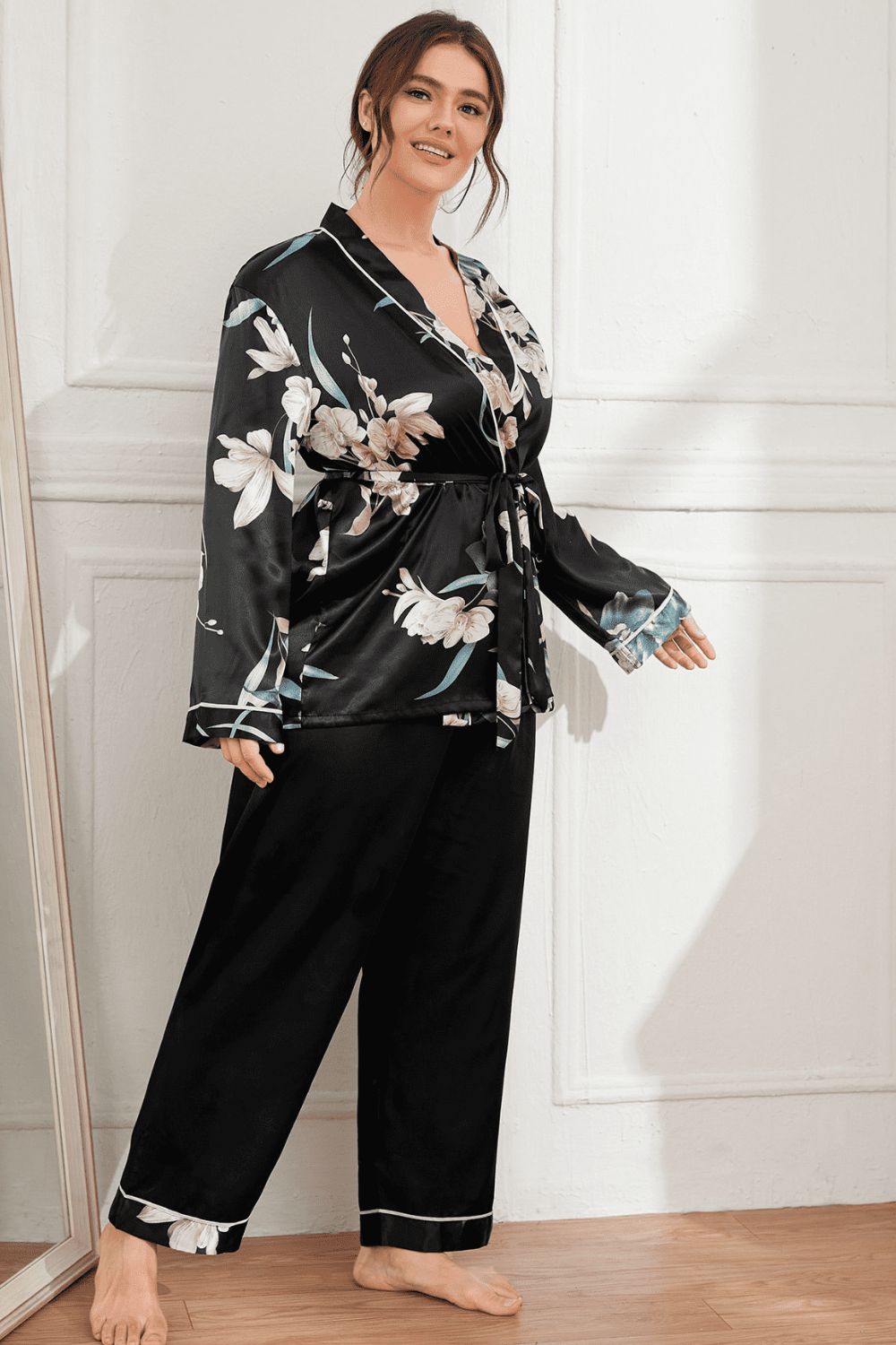 Plus Size Floral Belted Robe and Pants Pajama Set-Teresa&#39;s Fashionista LLC