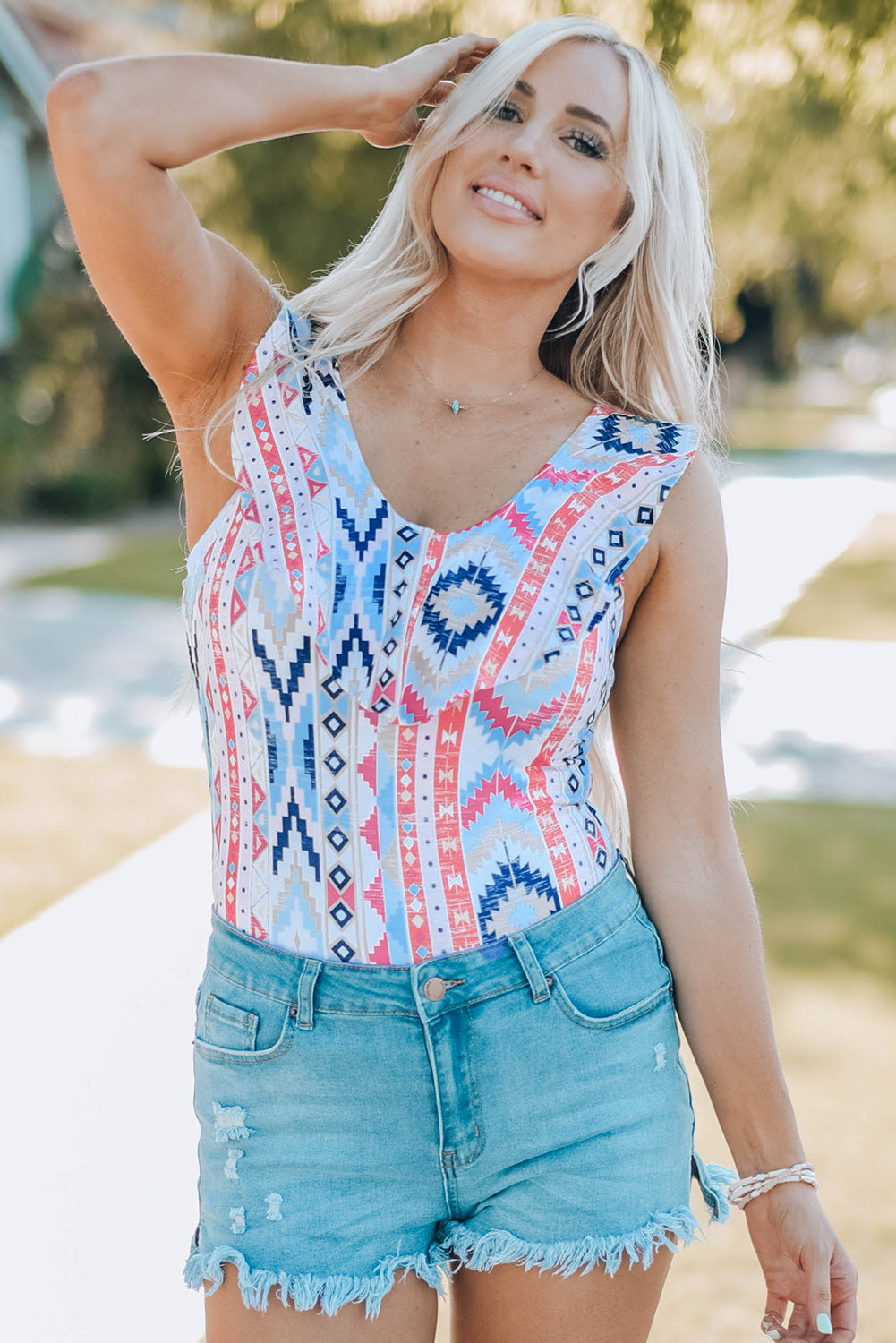 Geometric Scoop Neck Bodysuit-Teresa&#39;s Fashionista LLC