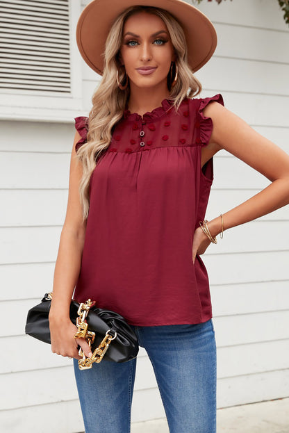 Swiss Dot Buttoned Ruffle Trim Tank-Teresa&#39;s Fashionista LLC