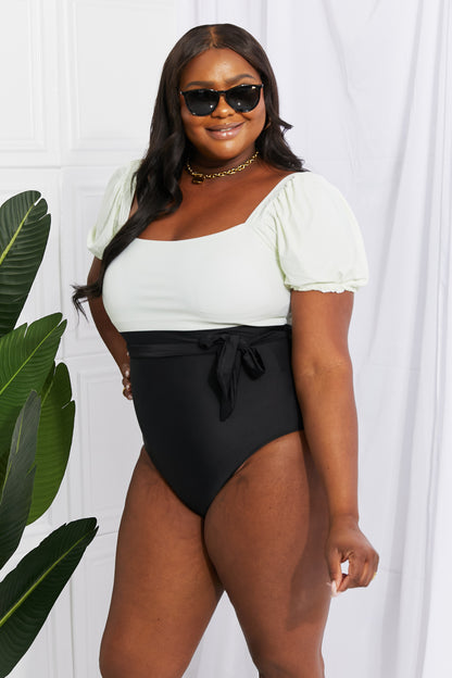 Marina West Swim Salty Air Puff Sleeve One-Piece in Cream/Black-Teresa&#39;s Fashionista LLC