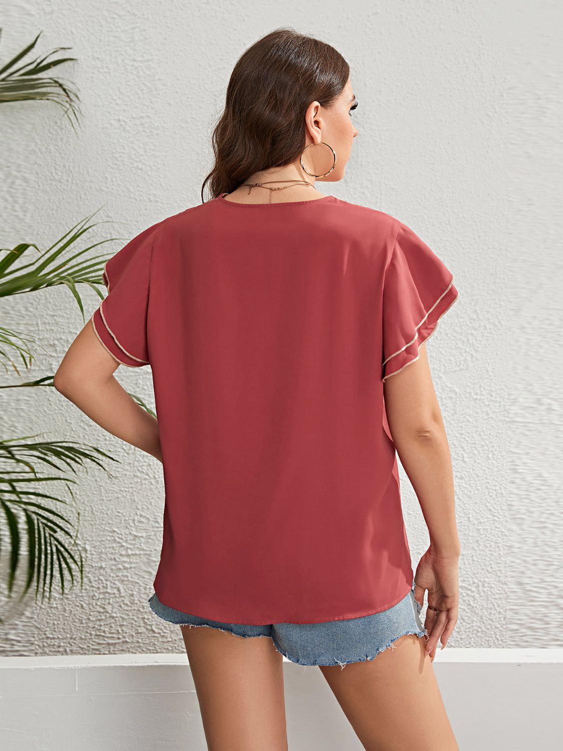 Plus Size Contrast V-Neck Layered Flutter Sleeve Blouse-Teresa&#39;s Fashionista LLC