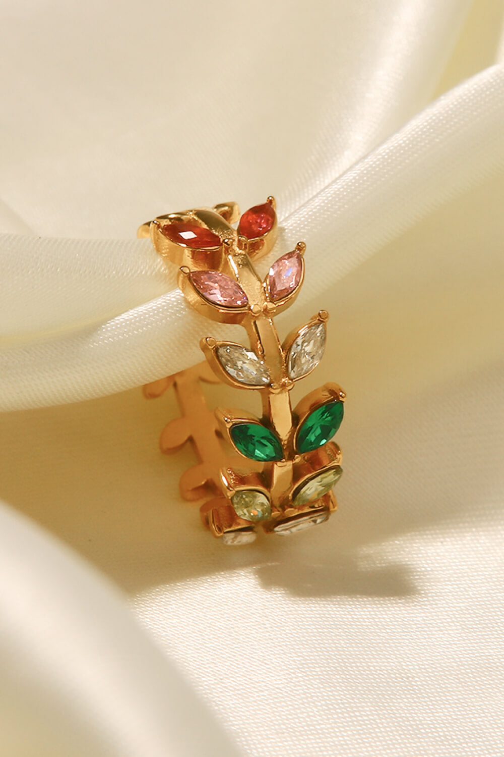 Zircon 18K Gold-Plated Leaf Open Ring-Teresa&#39;s Fashionista LLC