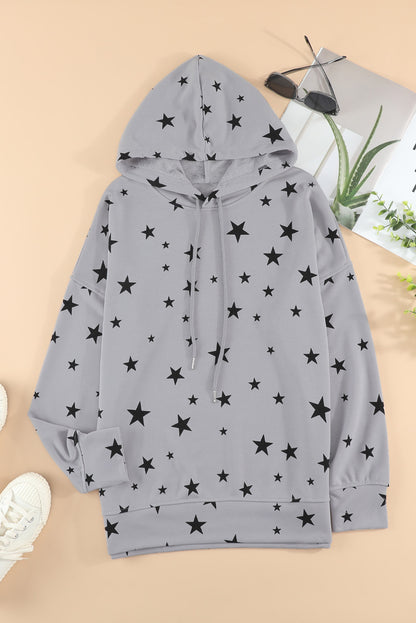 Star Print Drawstring Detail Hoodie-Teresa&#39;s Fashionista LLC