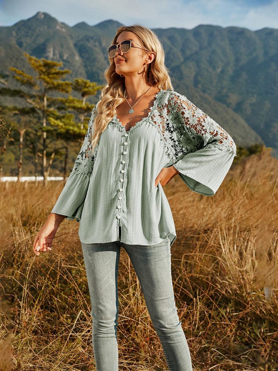 Spliced Lace Buttoned Blouse-Teresa&#39;s Fashionista LLC