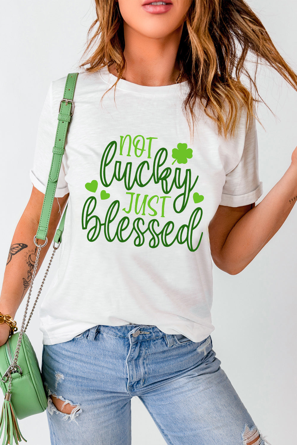 NOT LUCKY JUST BLESSED Round Neck T-Shirt-Teresa&#39;s Fashionista LLC