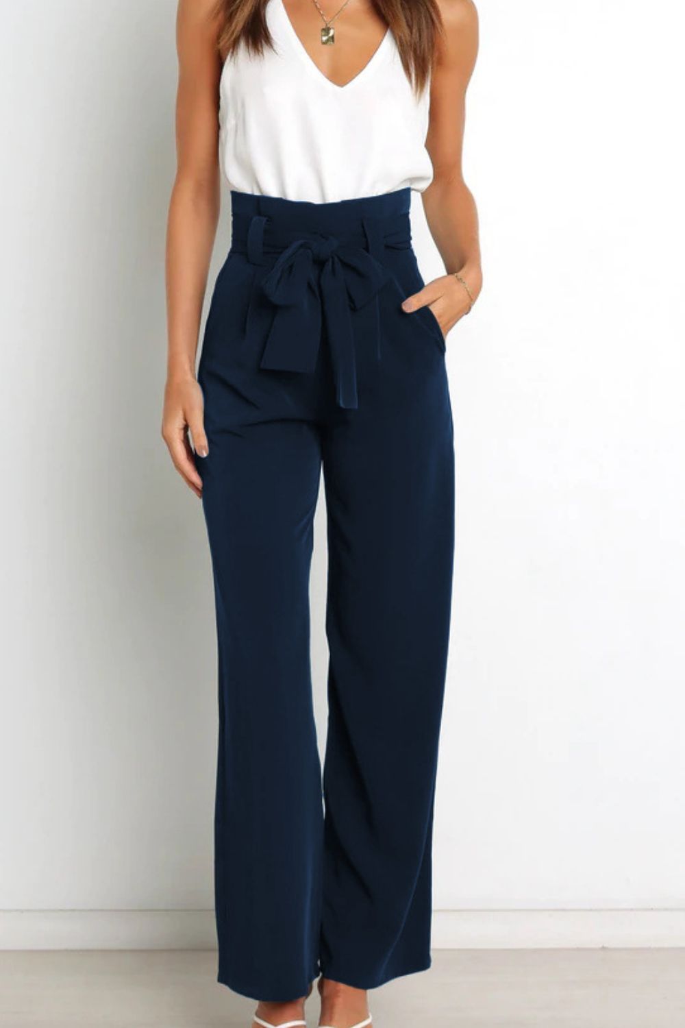 Tie Front Paperbag Wide Leg Pants-Teresa&#39;s Fashionista LLC