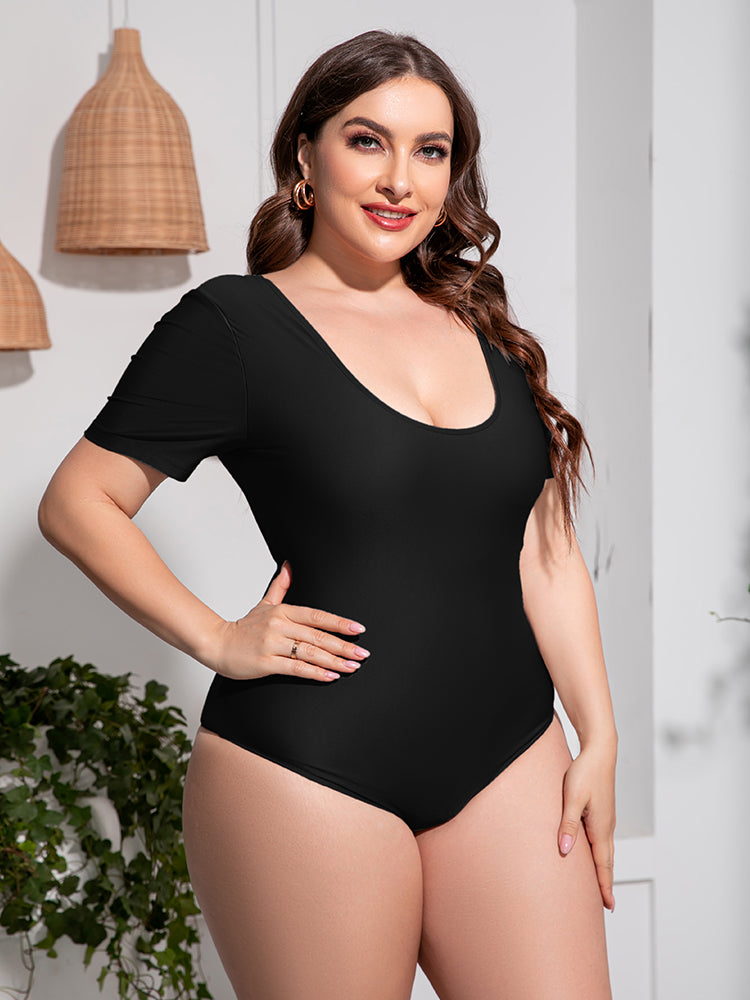 Plus Size Scoop Neck Short Sleeve One-Piece Swimsuit-Teresa&#39;s Fashionista LLC