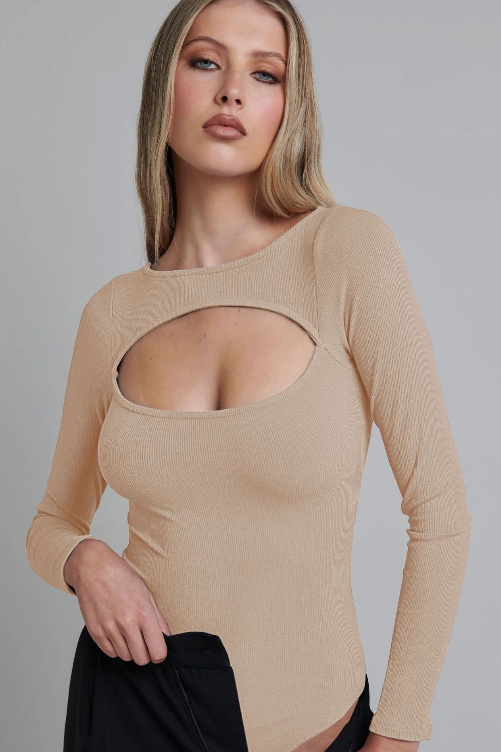 Cutout Ribbed Long Sleeve Bodysuit-Teresa&#39;s Fashionista LLC