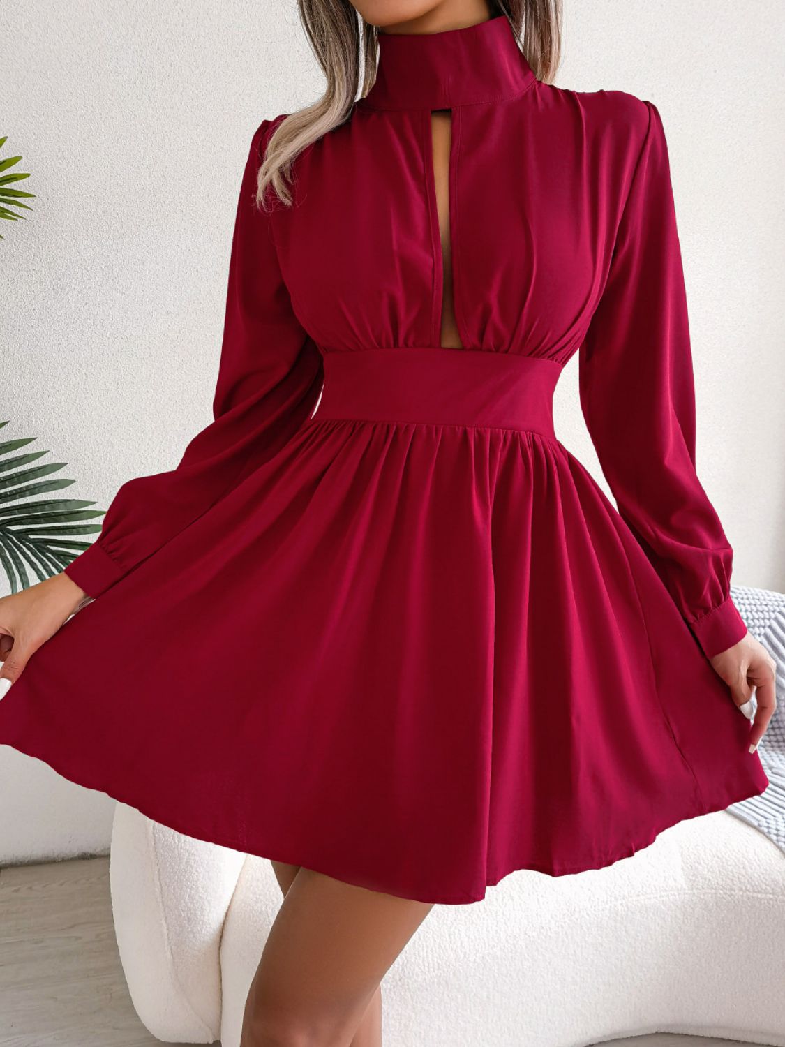 Cutout Turtleneck A-Line Mini Dress-Teresa&#39;s Fashionista LLC