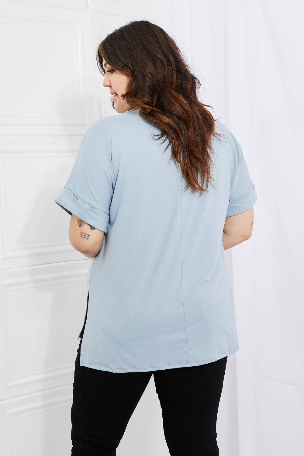 Zenana Simply Comfy Full Size V-Neck Loose Fit Shirt in Blue-Teresa&#39;s Fashionista LLC