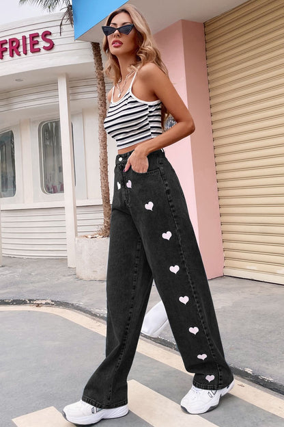 Heart Print Buttoned Jeans-Teresa&#39;s Fashionista LLC