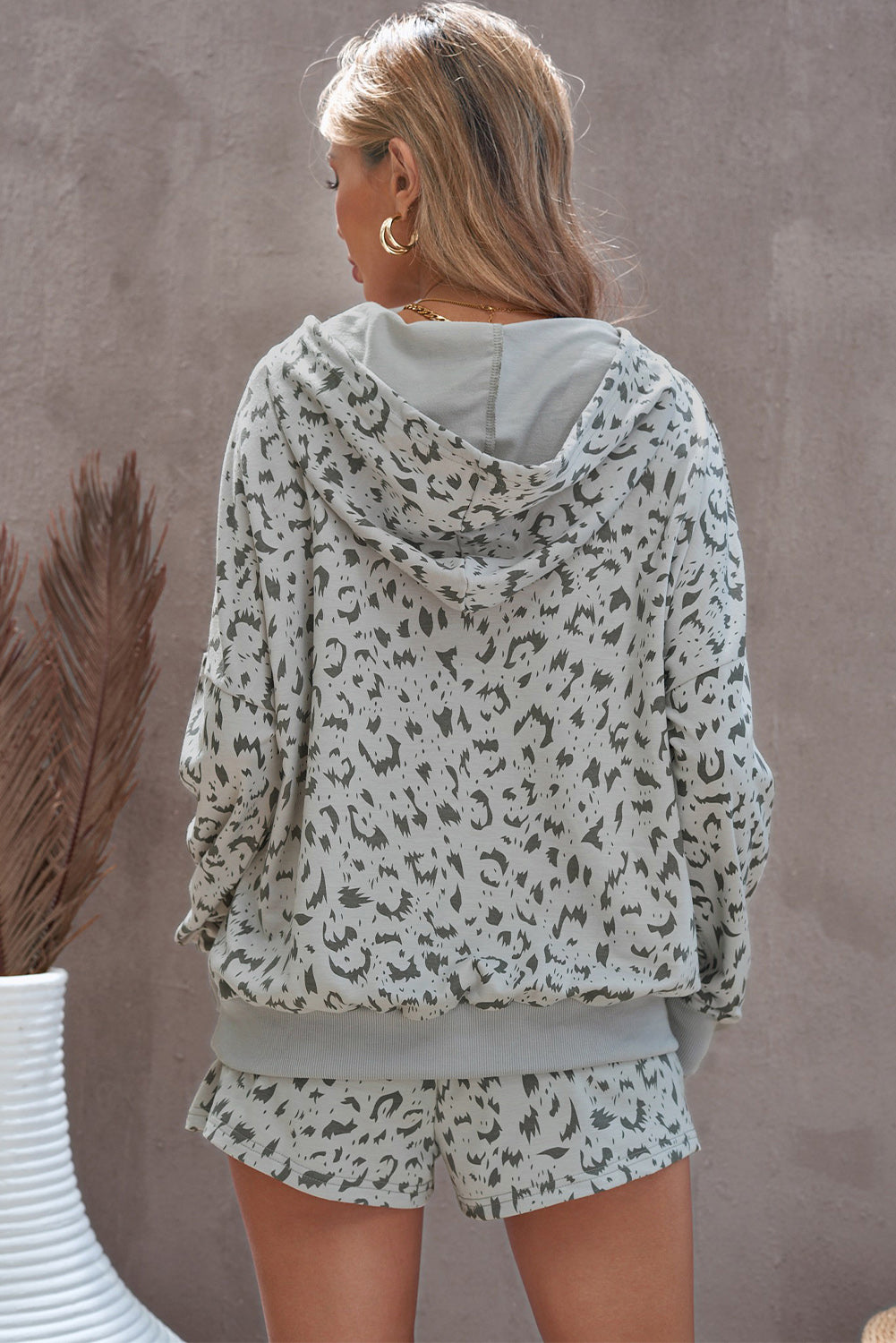 Animal Print Drawstring Detail Hoodie and Shorts Lounge Set-Teresa&#39;s Fashionista LLC