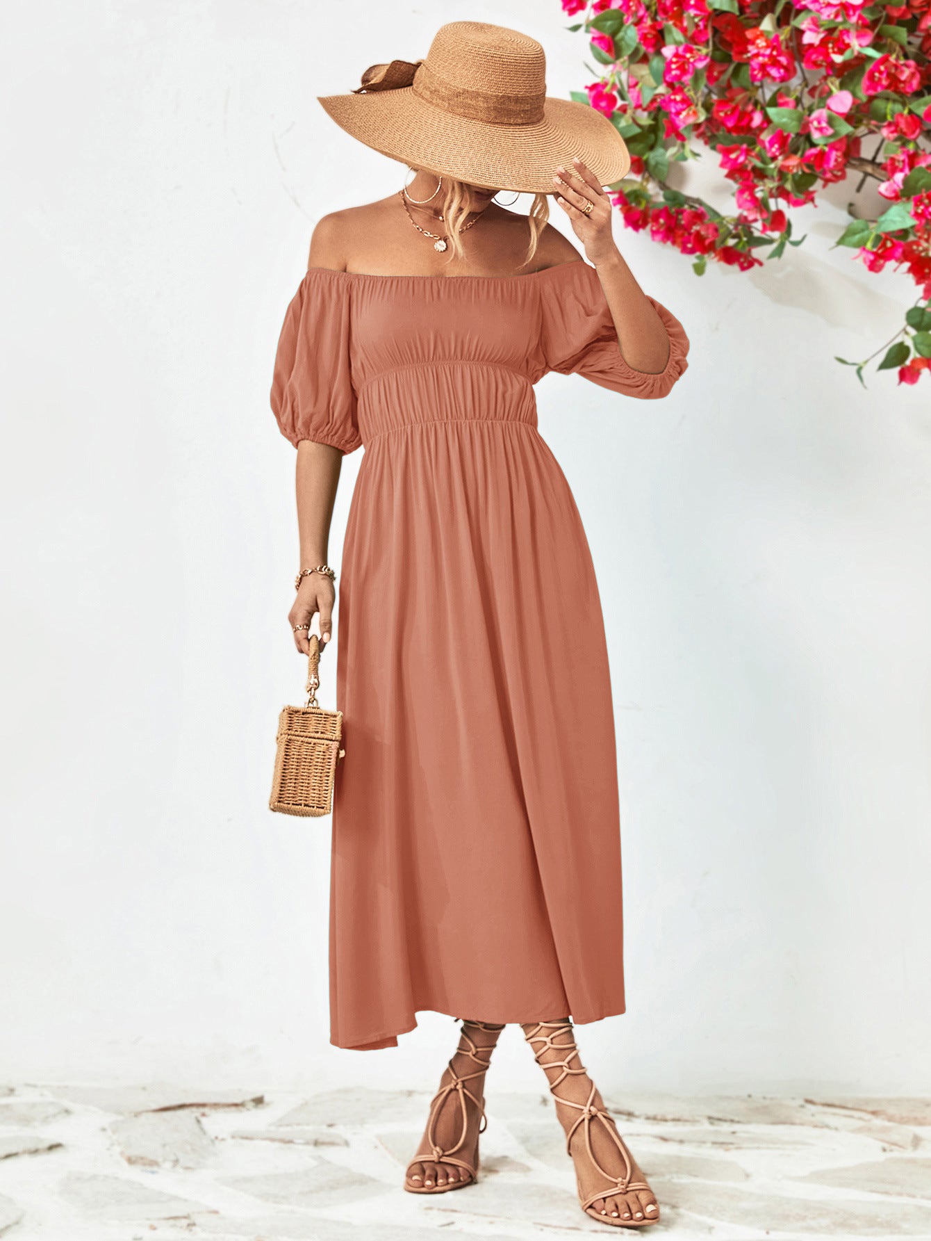 Off-Shoulder Balloon Sleeve Midi Dress-Teresa&#39;s Fashionista LLC