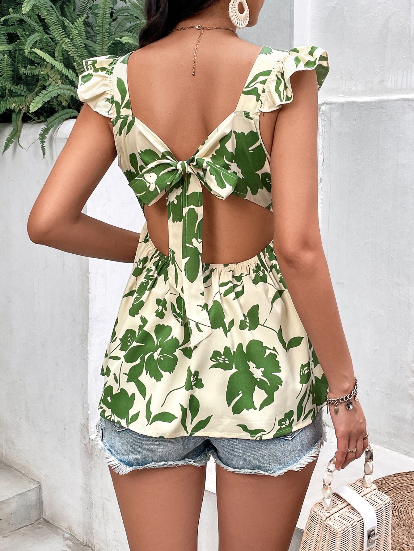 Tied Cutout Square Neck Butterfly Sleeve Babydoll Blouse-Teresa&#39;s Fashionista LLC