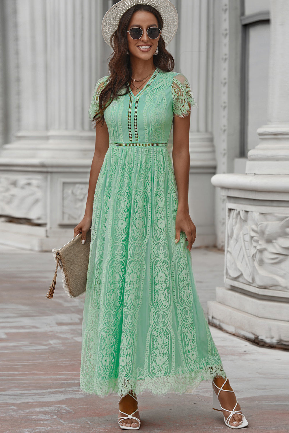 Scalloped Trim Lace Plunge Dress-Teresa&#39;s Fashionista LLC