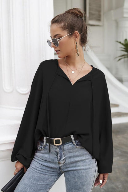 Tie Neck Balloon Sleeve Blouse-Teresa&#39;s Fashionista LLC