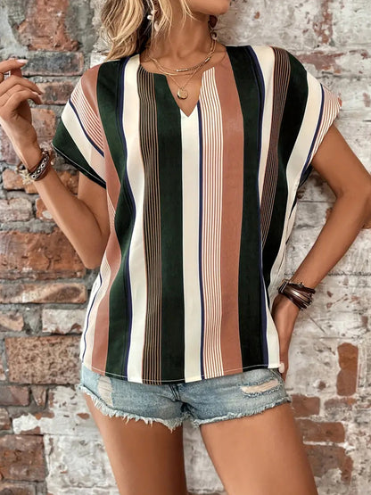 Striped Notched Neck Short Sleeve Blouse-Teresa&#39;s Fashionista LLC