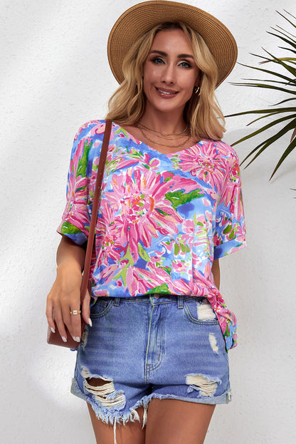 Floral V-Neck Short Sleeve Blouse-Teresa&#39;s Fashionista LLC