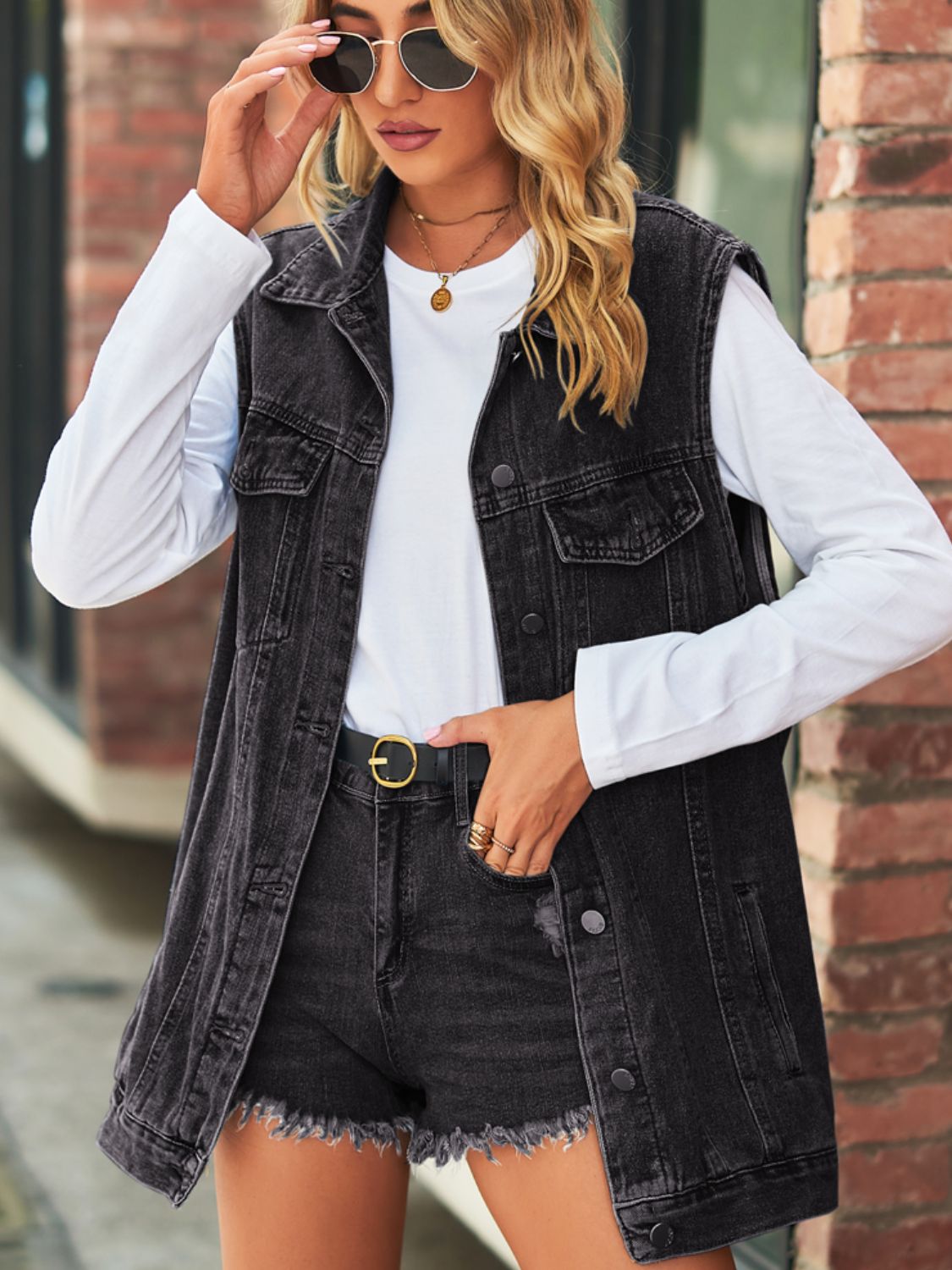 Collared Neck Sleeveless Denim Top with Pockets-Teresa&#39;s Fashionista LLC