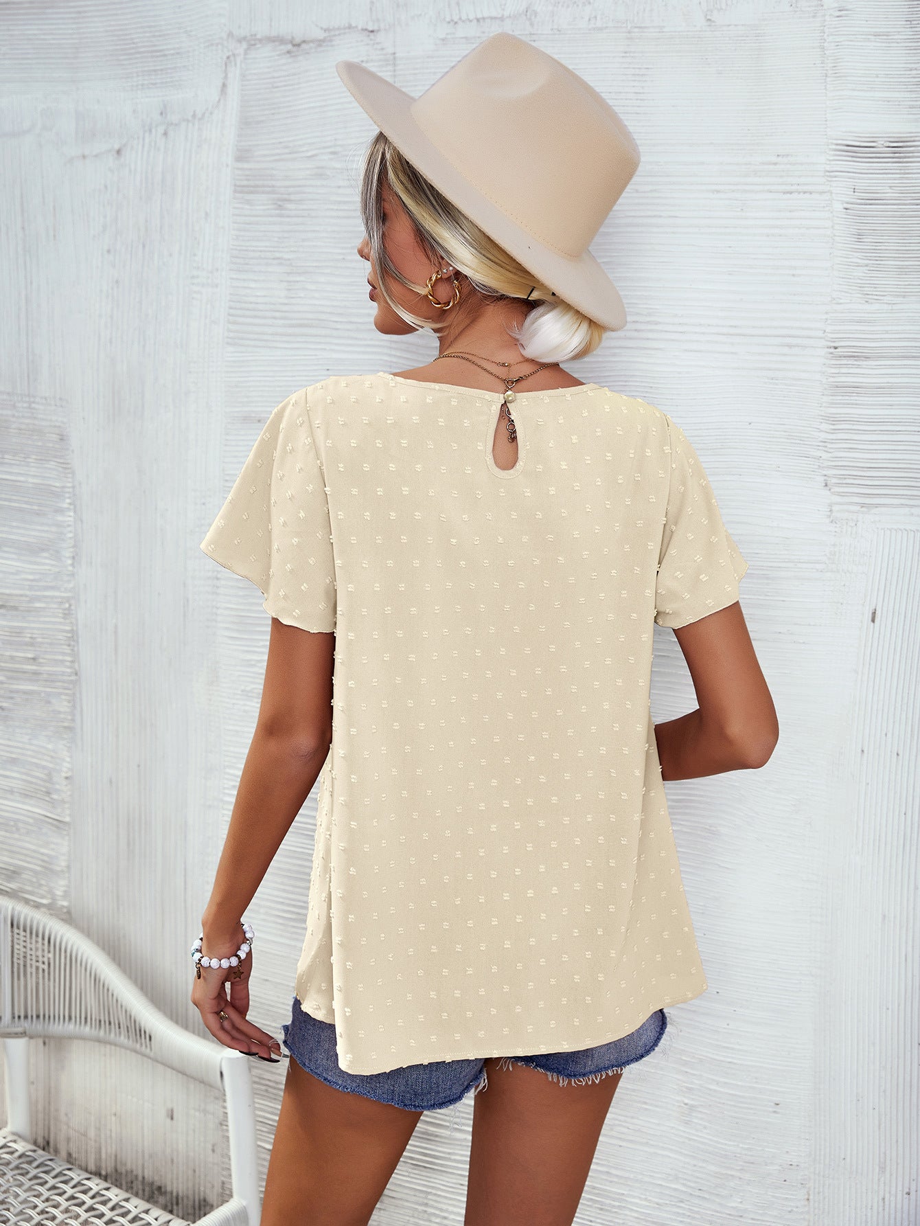 Swiss Dot Round Neck Flutter Sleeve Blouse-Teresa&#39;s Fashionista LLC