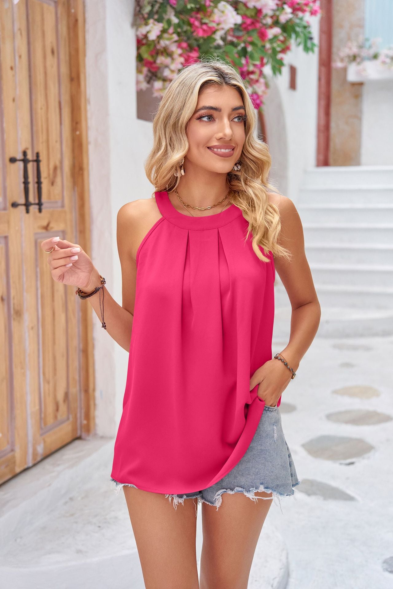 Grecian Neck Sleeveless Top-Teresa&#39;s Fashionista LLC