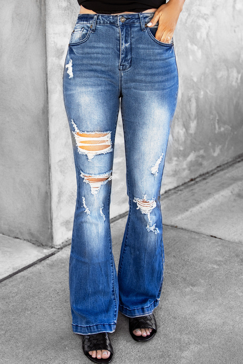 Distressed Flare Leg Jeans with Pockets-Teresa&#39;s Fashionista LLC