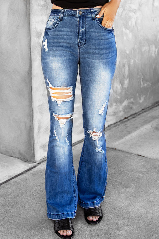 Distressed Flare Leg Jeans with Pockets-Teresa&#39;s Fashionista LLC