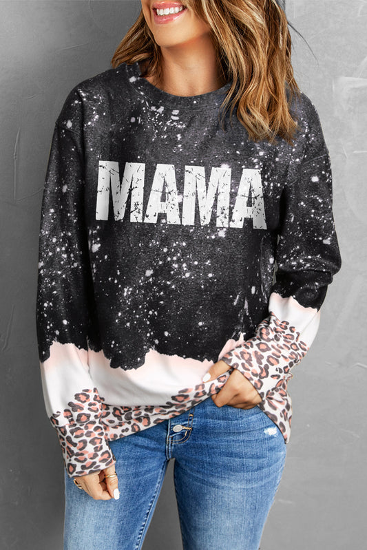 MAMA Leopard Color Block Round Neck Sweatshirt-Teresa&#39;s Fashionista LLC