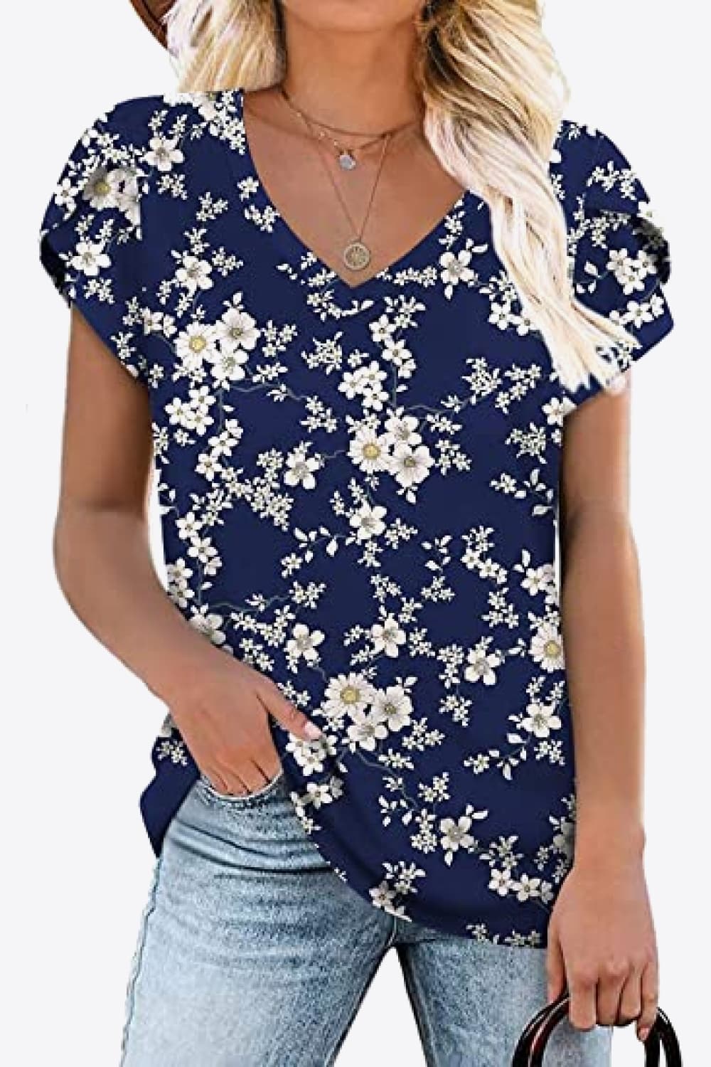 Printed Petal Sleeve V-Neck Blouse-Teresa&#39;s Fashionista LLC