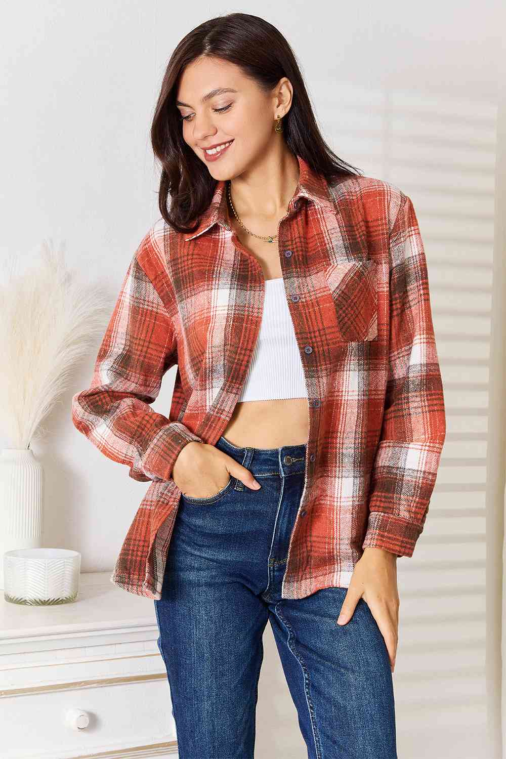 Double Take Plaid Collared Neck Long Sleeve Shirt-Teresa&#39;s Fashionista LLC