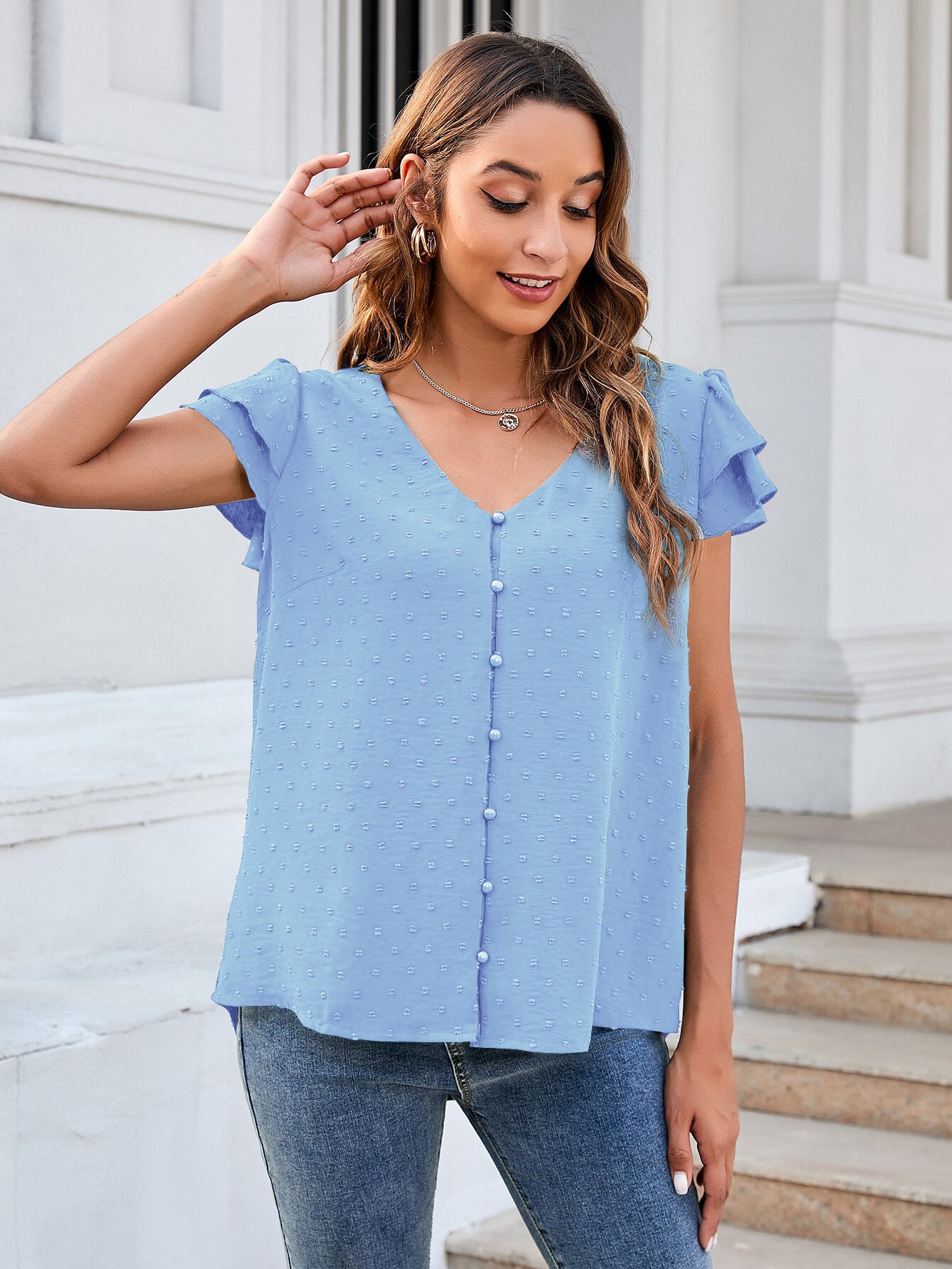 Swiss Dot Layered Flutter Sleeve Shirt-Teresa&#39;s Fashionista LLC