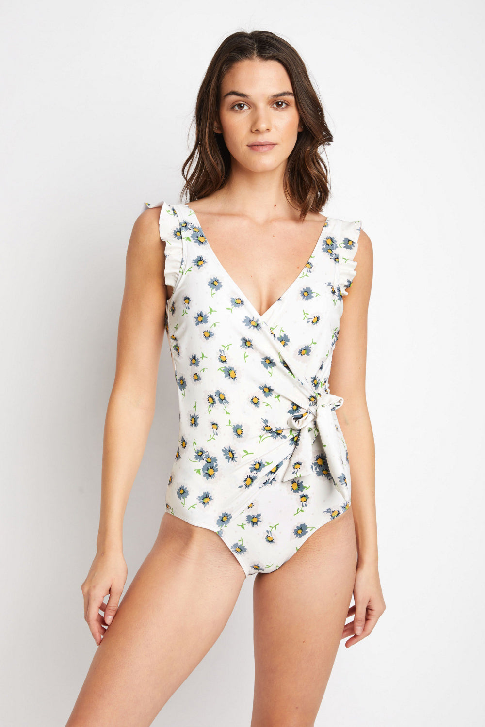 Marina West Swim Float On Ruffle Faux Wrap One-Piece in Daisy Cream-Teresa&#39;s Fashionista LLC