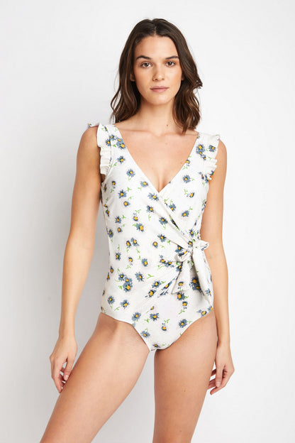 Marina West Swim Float On Ruffle Faux Wrap One-Piece in Daisy Cream-Teresa&#39;s Fashionista LLC