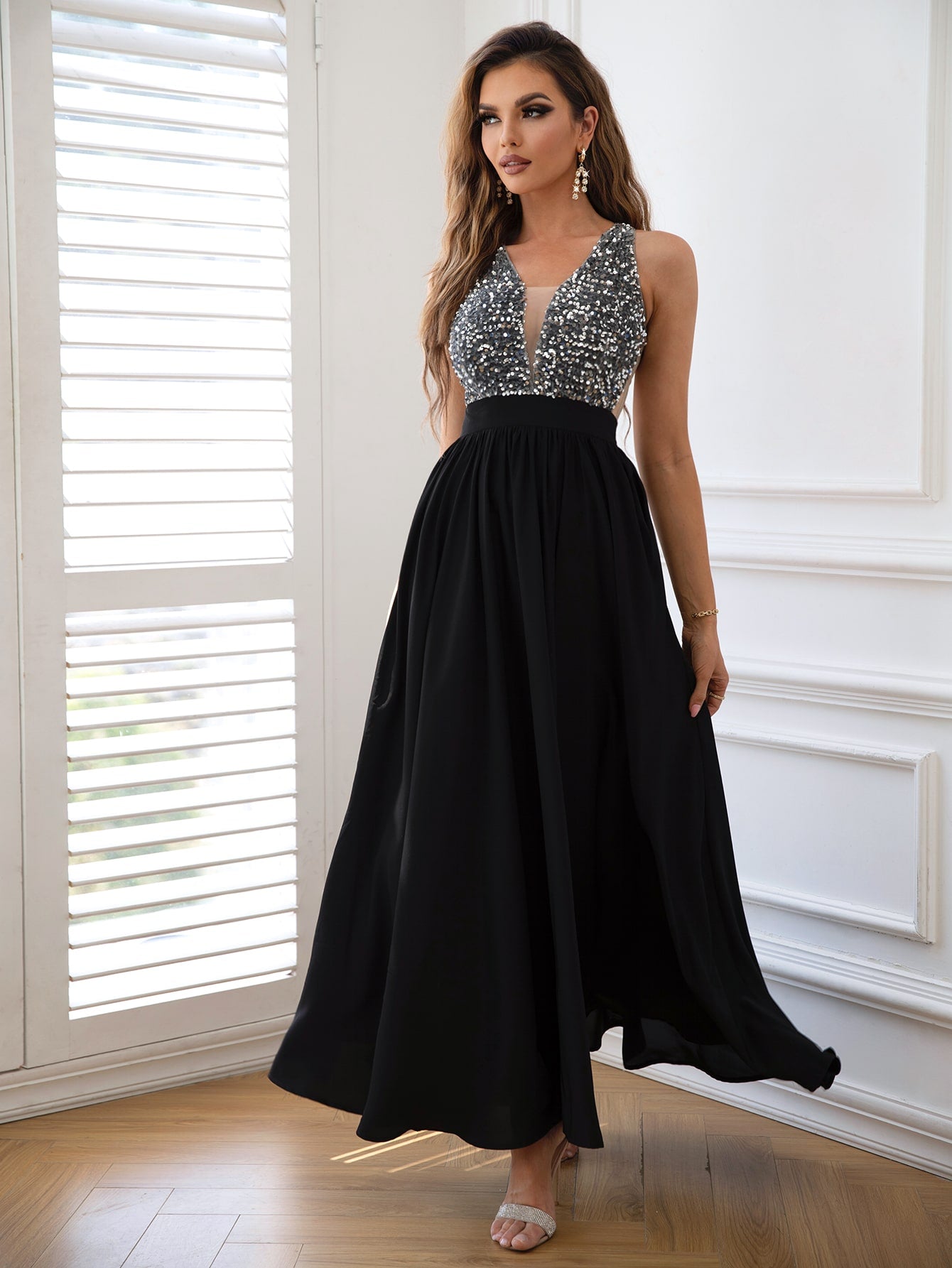 Contrast Sequin Sleeveless Maxi Dress-Teresa&#39;s Fashionista LLC